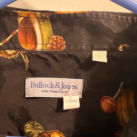 Bullock & Jones Black LARGE Shirt w/Fruits & Drinks Made In Italy 100% Cupro - Picture 2 of 7